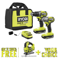 RYOBI 18v one+ hp harjaton 2-työkalun yhdistelmäsarja, jossa ilmainen 18v one+ hp harjaton pistosaha ja vapaavalintainen työkalu 2222415 sähkötyökalut