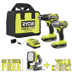 RYOBI 18v one+ hp harjaton 2-työkalun yhdistelmäsarja, jossa on ilmainen 18v one+ hybridi led-työvalo ja vapaavalintainen työkalu 2222412 sähkötyökalut