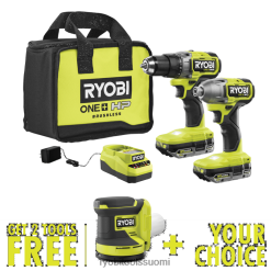 RYOBI 18v one+ hp harjaton 2-työkalun yhdistelmäsarja, jossa on ilmainen 18v one+ satunnainen kiertoratahiomakone ja ilmainen valinnainen työkalu 2222413 sähkötyökalut